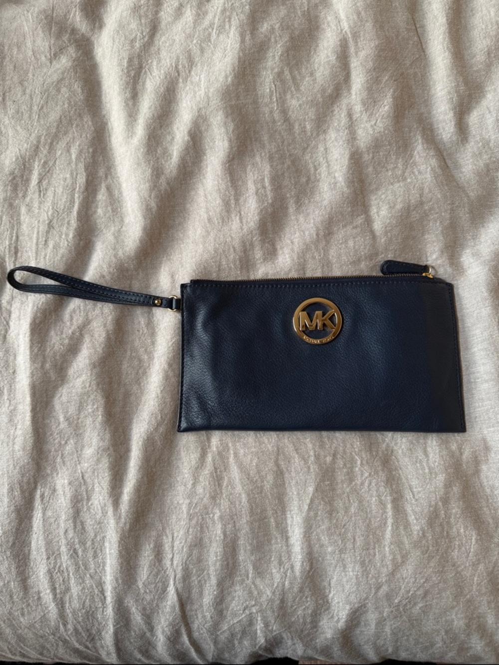Michael Kors Navy Leather Wristlet with Gold MK Emblem